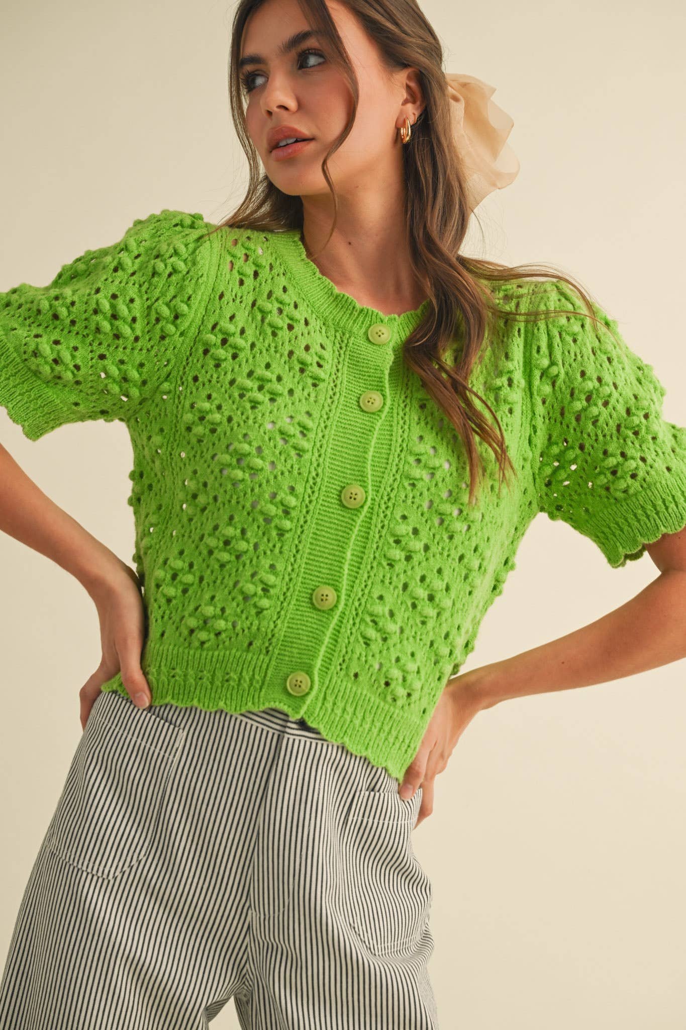 &MERCI - Wholesale Cardigan - Women's - CROPPED POINTELLE BUTTON DOWN SWEATER CARDIGAN MSW1085732