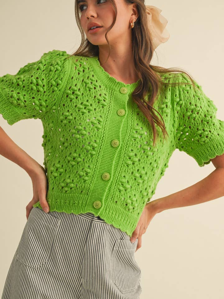 &MERCI - Wholesale Cardigan - Women's - CROPPED POINTELLE BUTTON DOWN SWEATER CARDIGAN MSW1085732