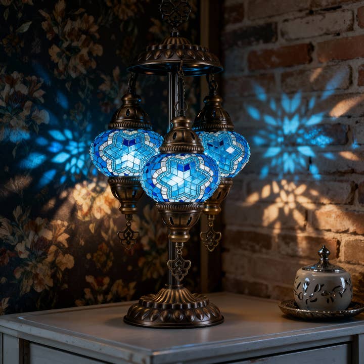 3-Globe Turkish Mosaic Table Lamp (Blue) for wholesale by Mozaist LLC