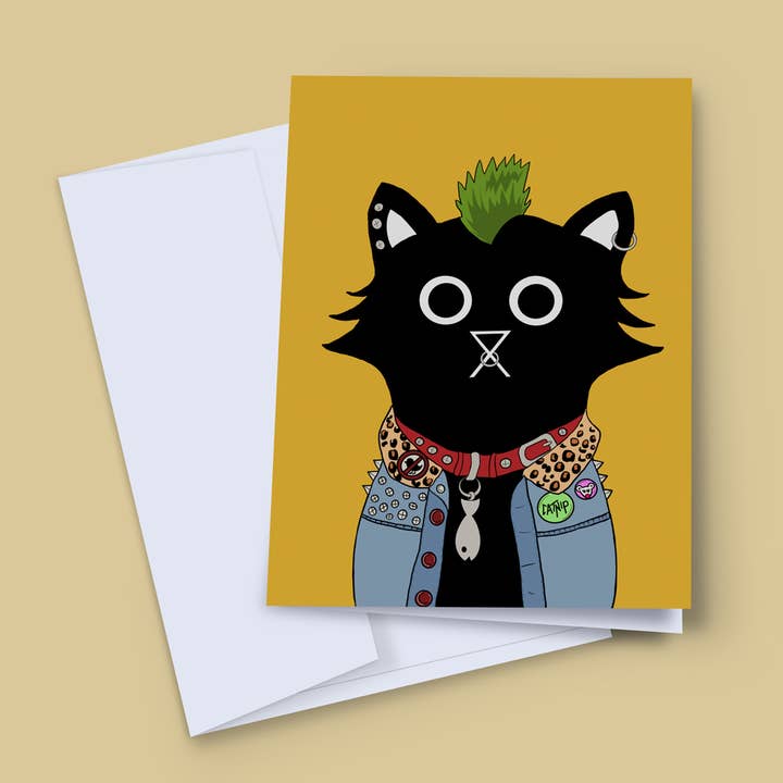 Carte Punk Cat, carte originale, carte d'anniversaire, carte pour chat pour la vente par Baldy And The Fidget