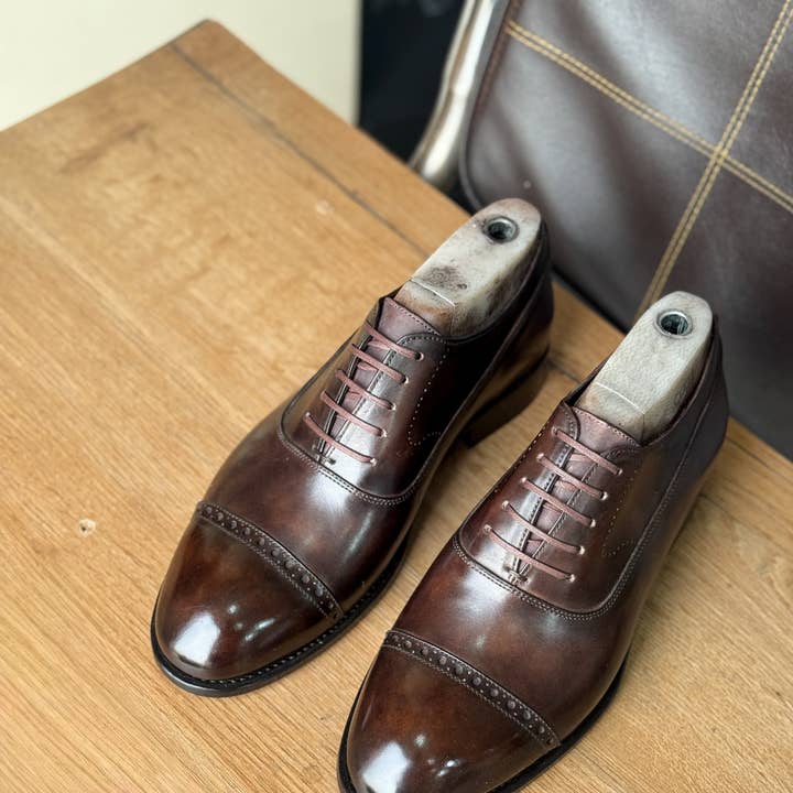 Chocolate Brown Patina Cap Toe Oxfords for wholesale by The Royale Leather