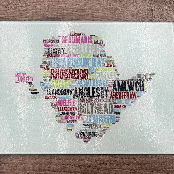 Anglesey Word art glass Chopping Board for wholesale by Embroidery or Print