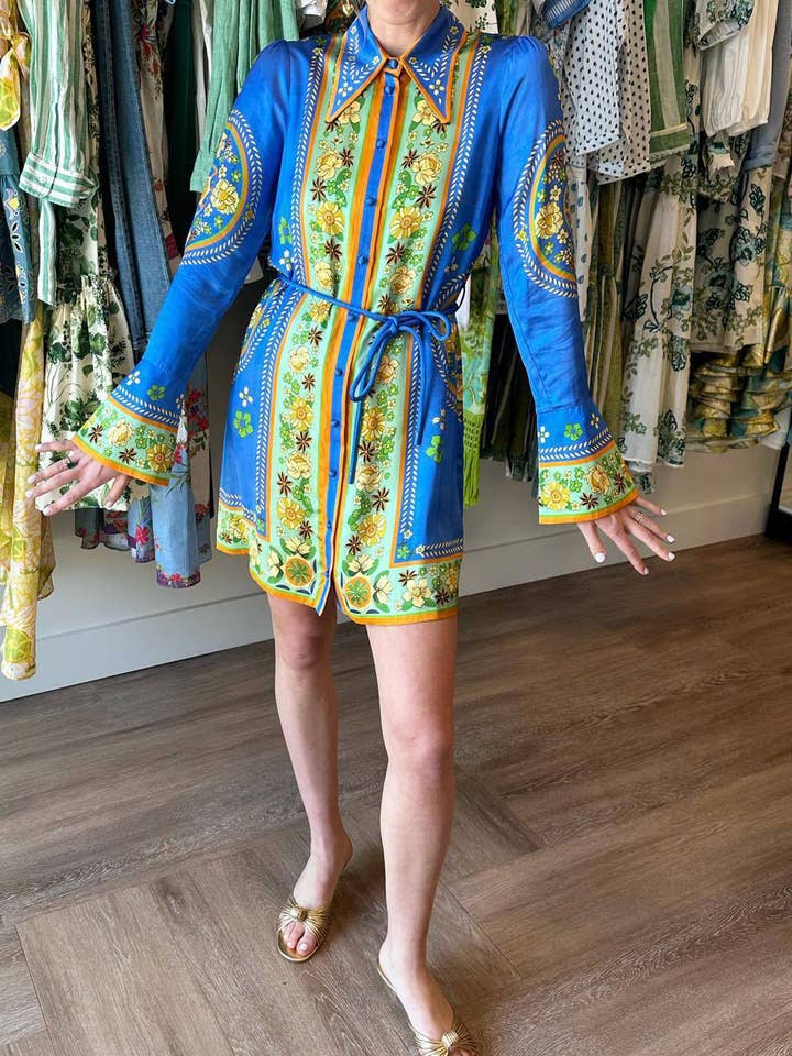 Blue Exquisite Boho Floral Flared Sleeve Belted Shirt Dress for wholesale on Faire