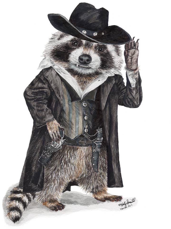 Raccoon Whimsical Western Signed Archival Art Print for wholesale by Holly Simental