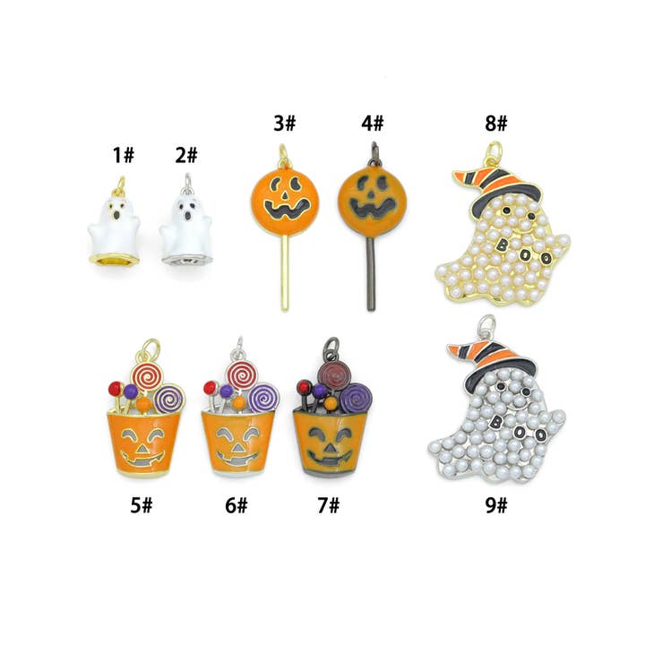 Halloween Boo Ghost Pumpkin Lollipop Basket Charm, sku#A519 for wholesale by BestBeads&Beyond
