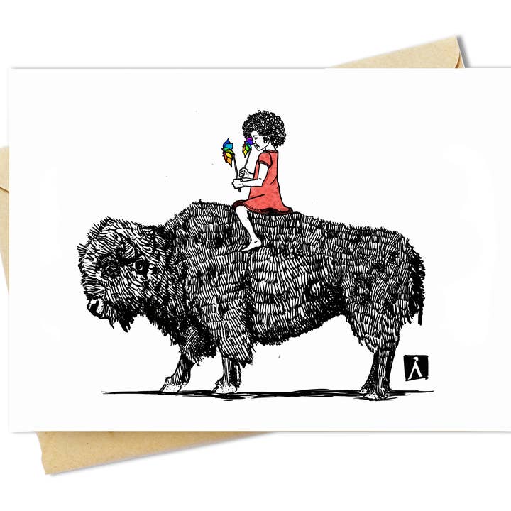 Carte de vœux 5x7 avec petite fille sur son buffle pour la vente par Bellavance Ink