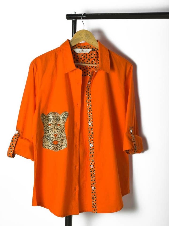 Orange Cheetah Chic: Stand Collar Cotton Shirt for wholesale by AMRANIS