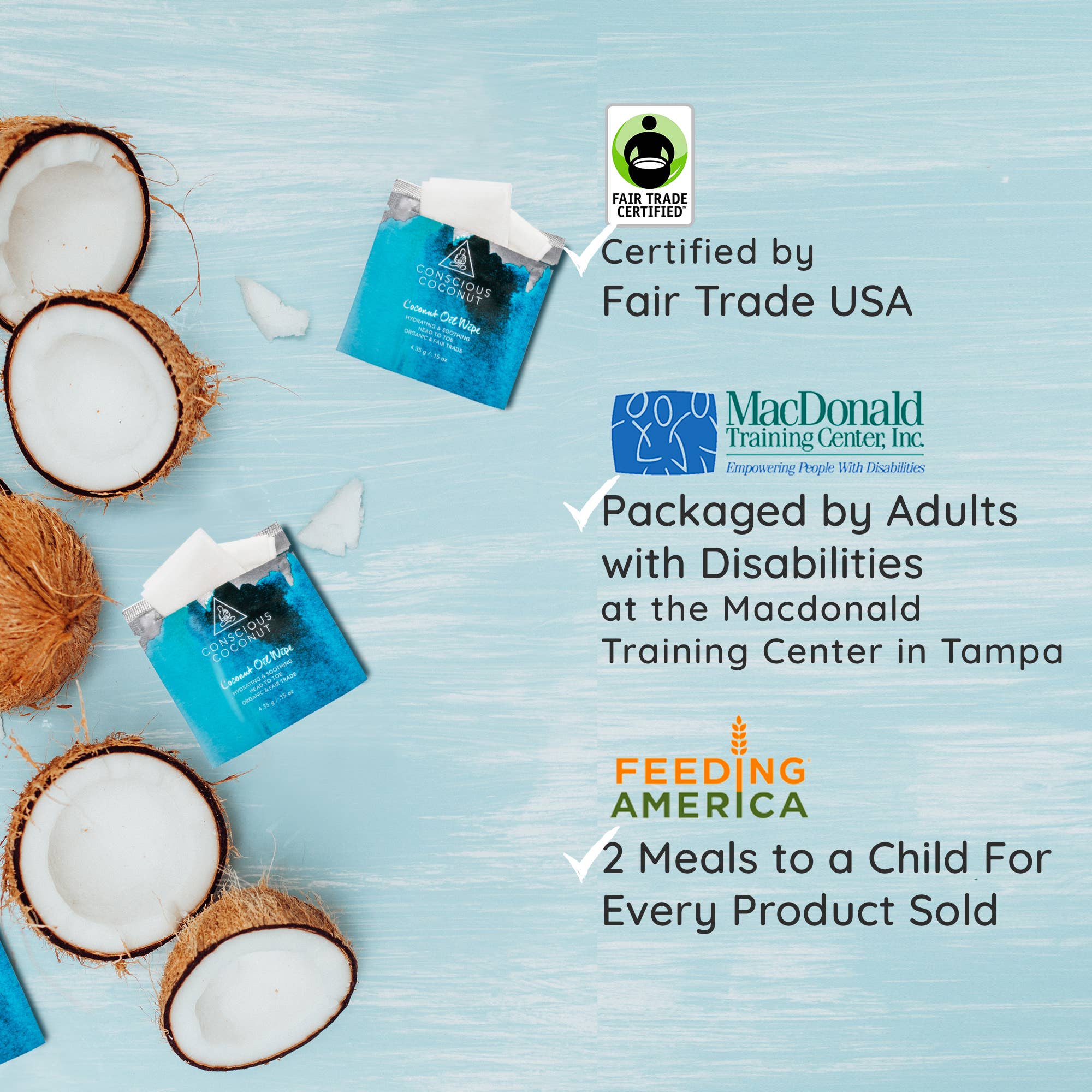 Conscious Coconut - Wholesale Face & Body Wipes - Coconut Oil Wipes for Rashes, Sunburns & Hydration (5 Wipes)9