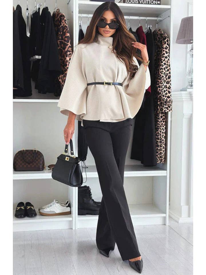 Stone Cherise Button Detail Belted Poncho-Stone for wholesale on Faire1