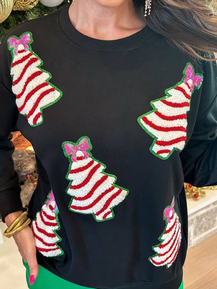 Black Cute Christmas Tree Sequins Slouchy Sweatshirt for wholesale on Faire