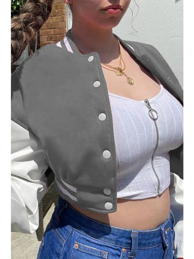 MB Fashion Wholesale - Wholesale Varsity/Baseball Jacket - Women's - MB FASHION CROPPED BUTTON DOWN JACKET 6466R7