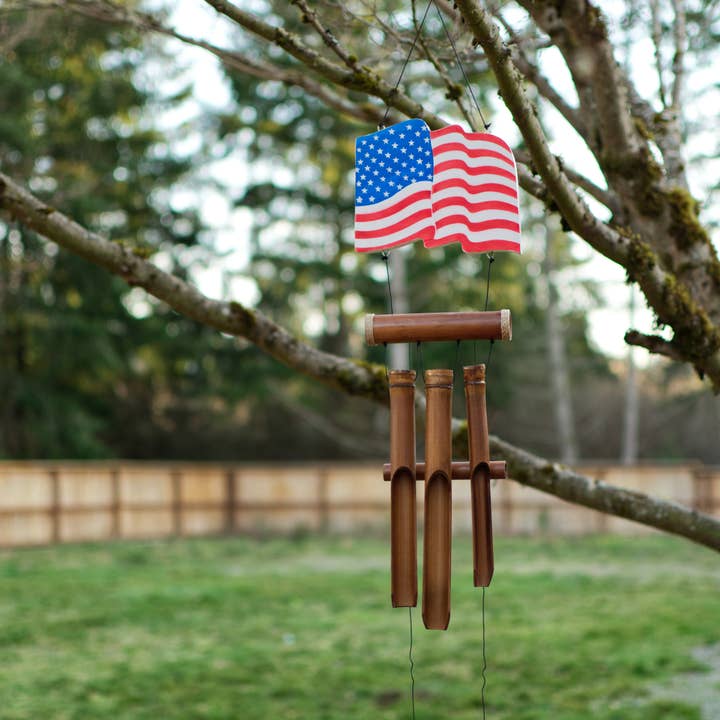 Cohasset Gifts - Wholesale Wind Chime - Waving American Flag Bamboo Wind Chime