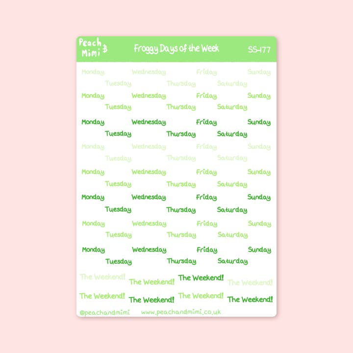 Feuille d'autocollants des jours de la semaine de Froggy pour la vente par Peach and Mimi