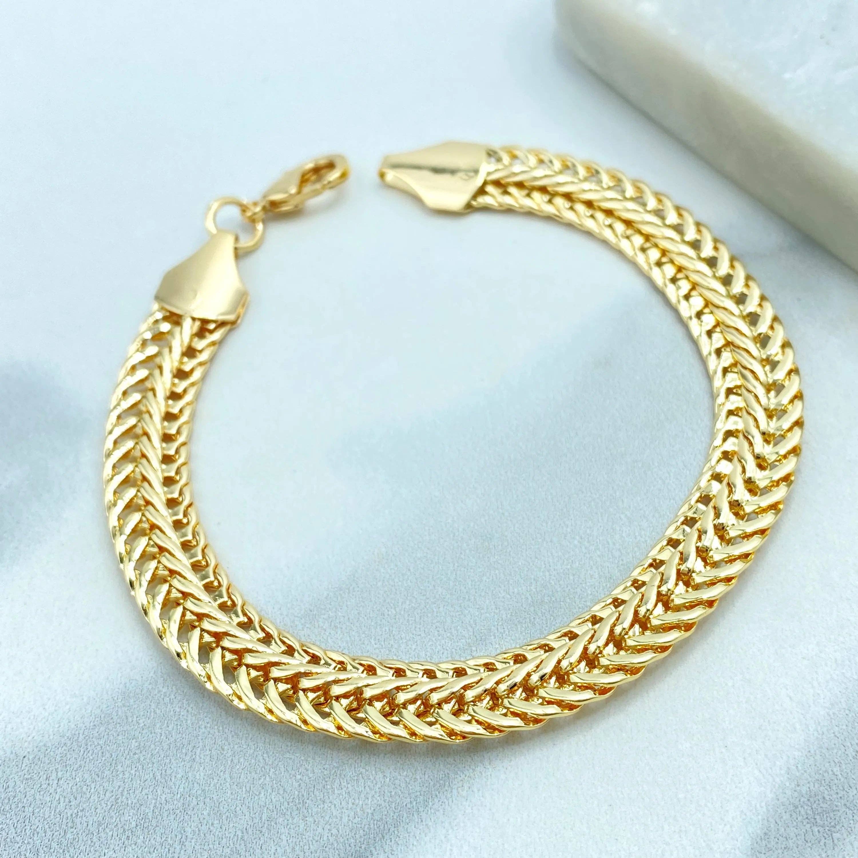 Luxus Accessories - Wholesale Jewelry Set - 18k Gold Filled Herringbone Chain Jewelry Set, Necklace Bracelet and Earrings, Flat Polished Gold Design3