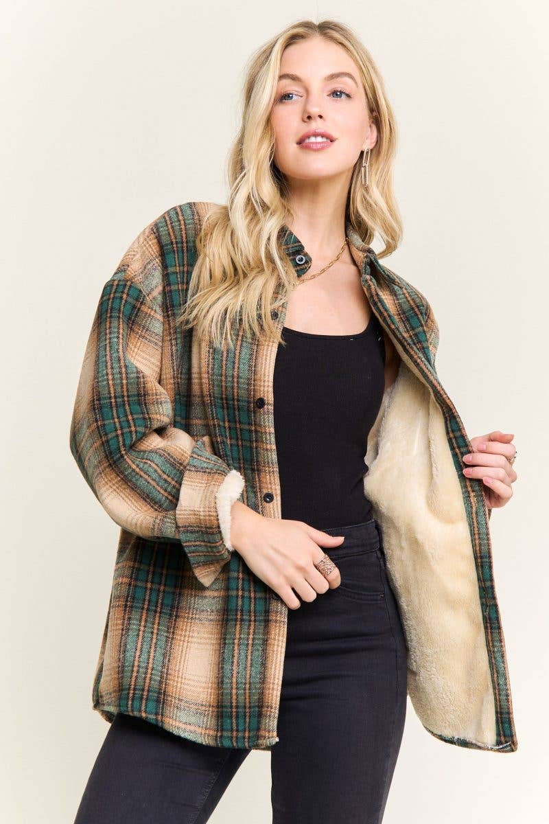 Vanilla Monkey – wholesale Shirt Jacket/Shacket - Women’s – Plaid Sherpa-lined Button Down Shacket7