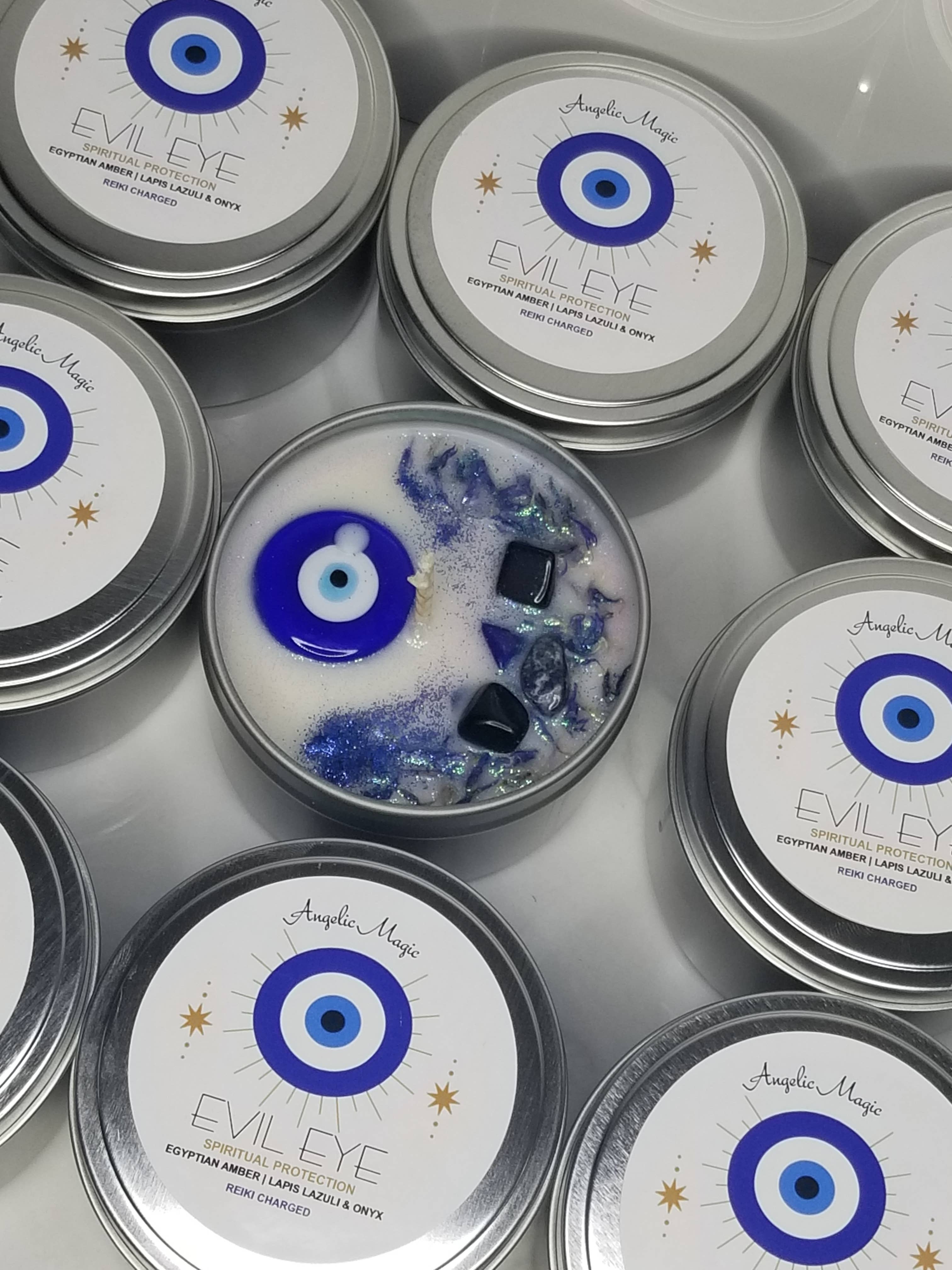 Angelic Magic – wholesale Travel candles – Evil Eye, Protection, Reiki Charged 8 oz Tin