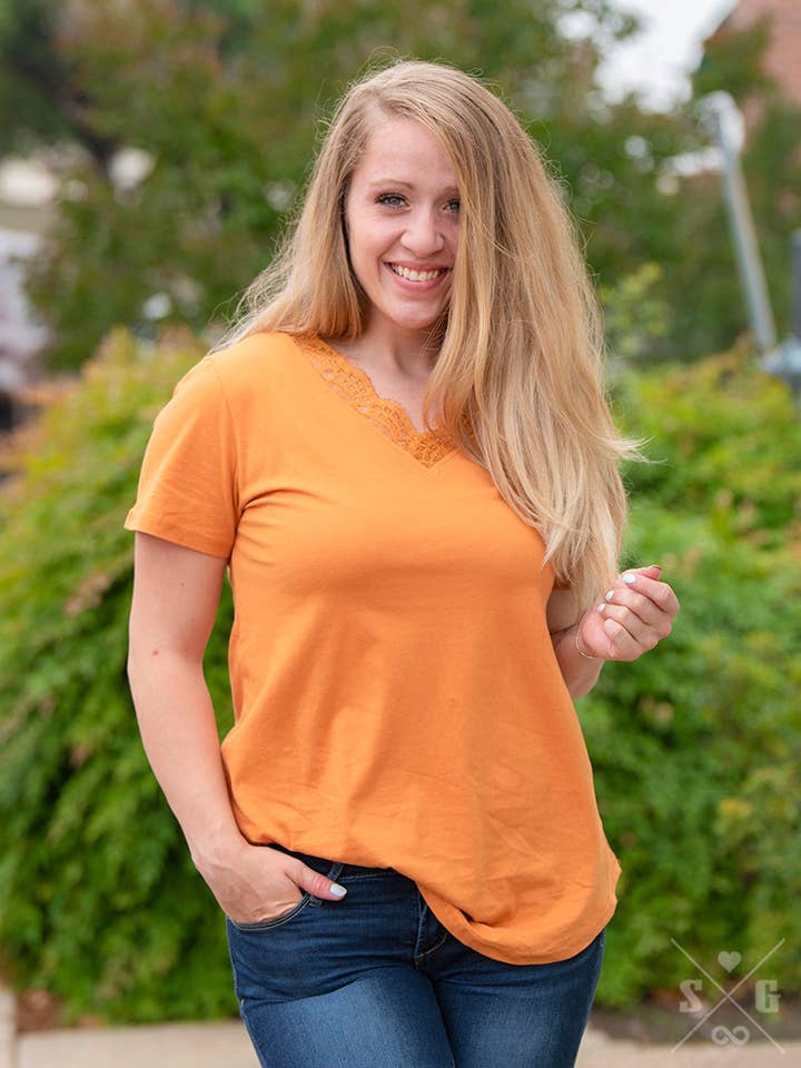 Lacey's V-Neck Tee, Mustard for wholesale by GRACE+EMMA by Southern Grace