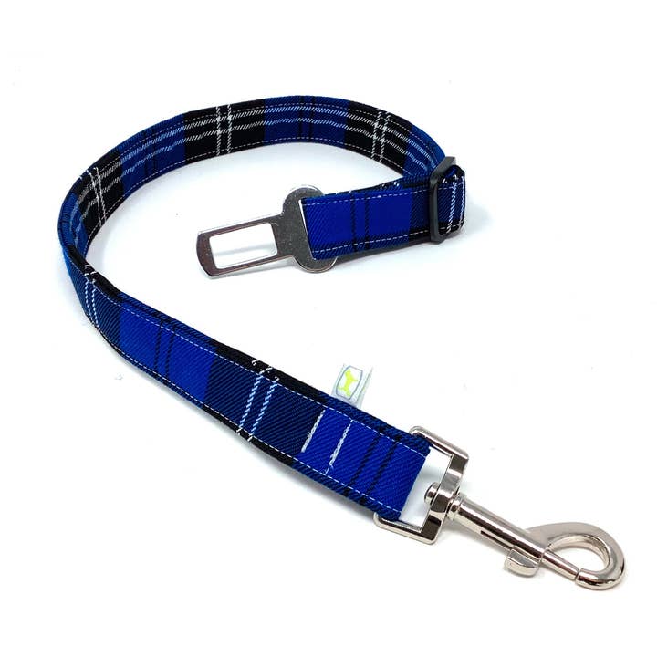 Royal Blue Tartan Dog Seat Belt For Car Safety for wholesale by EcoDogDesigns