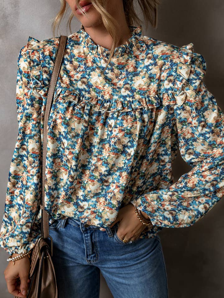 Floral Print Frilled Mock Neck Puff Sleeve Blouse for wholesale by Lovesoft