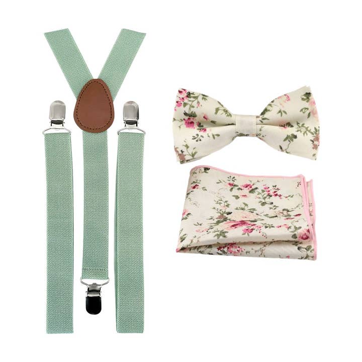 Set Papillon, Fazzoletto da Taschino e Bretelle Eucalipto in Cotone Crema con Motivo Floreale Olivia per la vendita all'ingrosso da parte di Dickie Bow