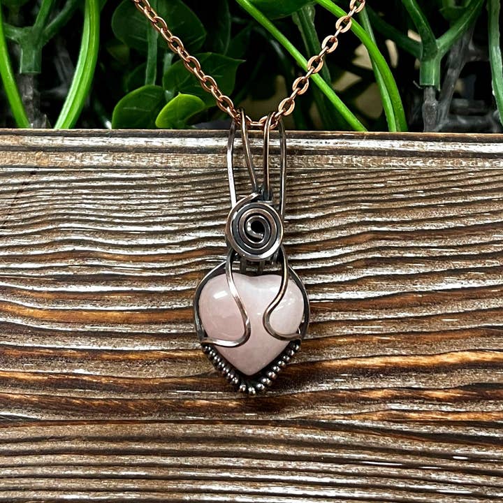 Small Pink Rose Quartz Gemstone Wire Wrapped Pendant Heart Shaped for wholesale by Handmade by Marlayna