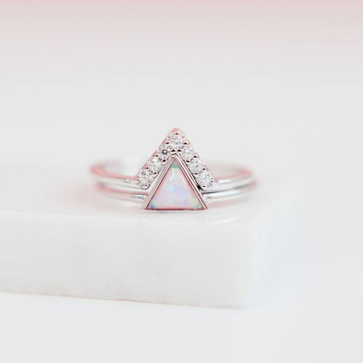 Sterling Silver Pink Opal Triangle Stacking Ring Set for wholesale by Chloe + Lois