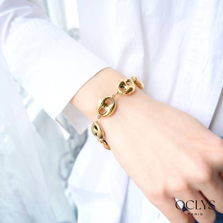 Armband mit großen Kaffeebohnen-Gliedern aus Edelstahl Gina für den Großhandel von Oclys