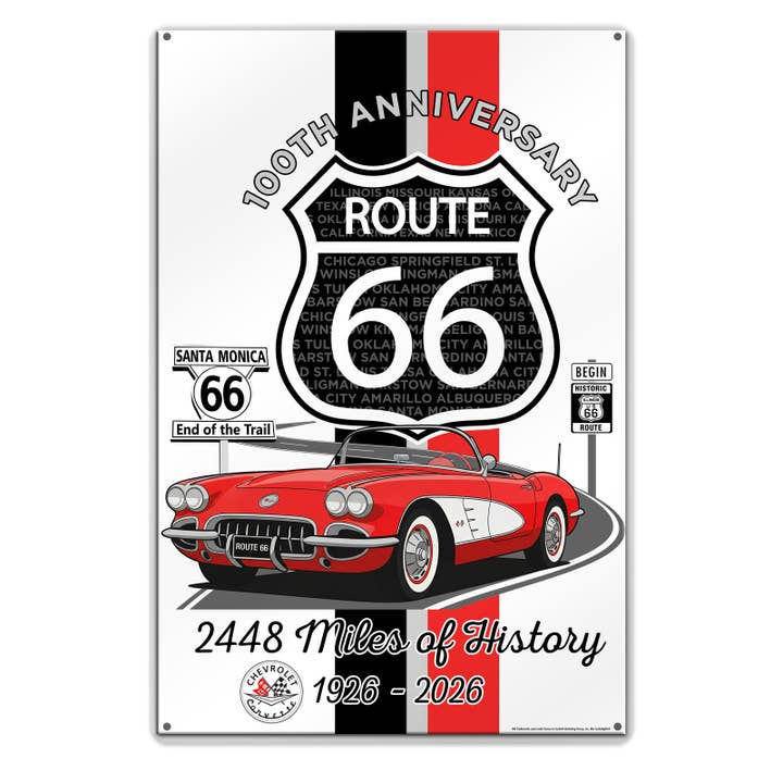 C1 Corvette Route 66 100th Anniversary 12x18 Metal Sign – Red & White Corvette Edition for wholesale by Sunbeltgifts | Licensed Home Wall Decor