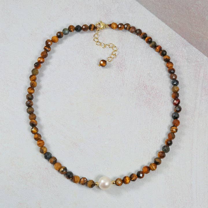 Tiger's Eye and Freshwater Pearl Short Necklace for wholesale by IST Jewelry