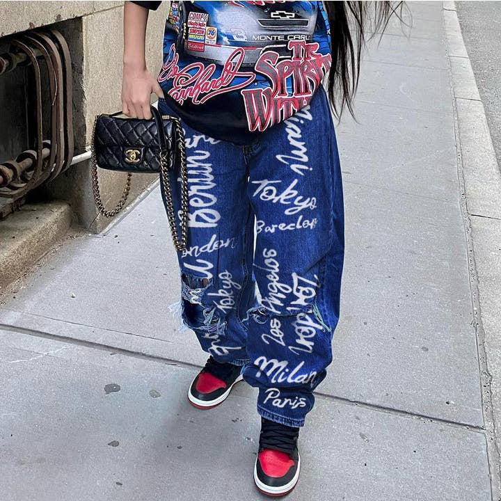 Tourtiwi - Wholesale Jeans - Women's - Distressed brushed letters print hip-hop jeans