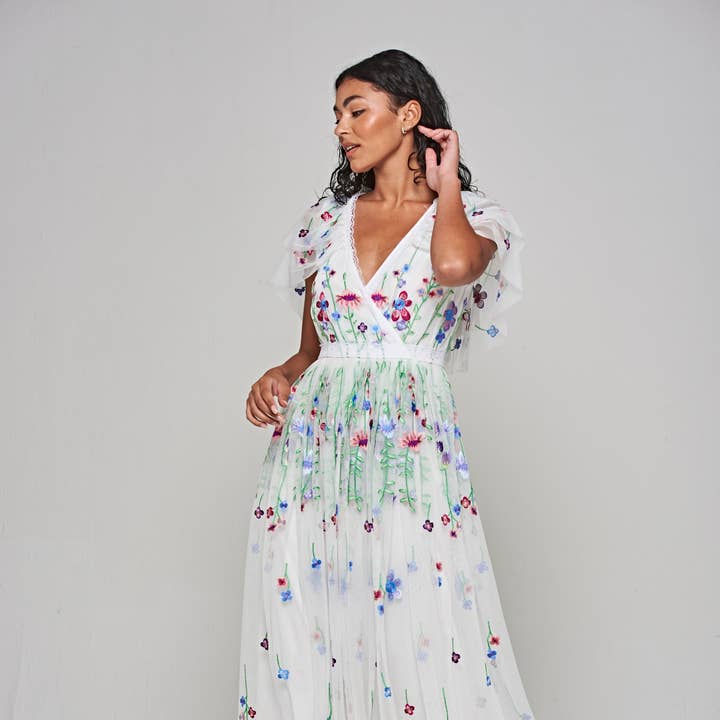 Suzette White Floral Embroidered Midi Dress for wholesale by Frock & Frill