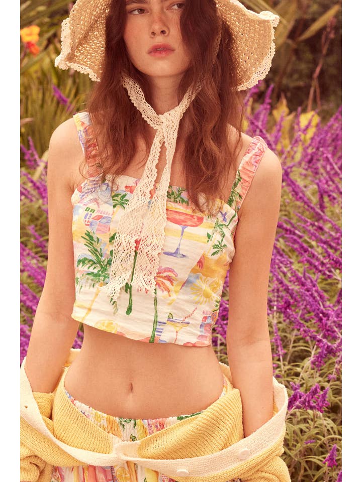 Cream Tropical Watercolor-Print Cropped Cami Top for wholesale on Faire