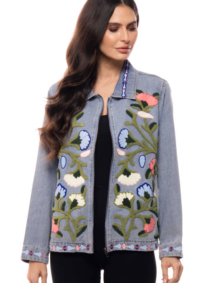 AD2663 Embroidered Zip-Front Denim Jacket for wholesale by Adore