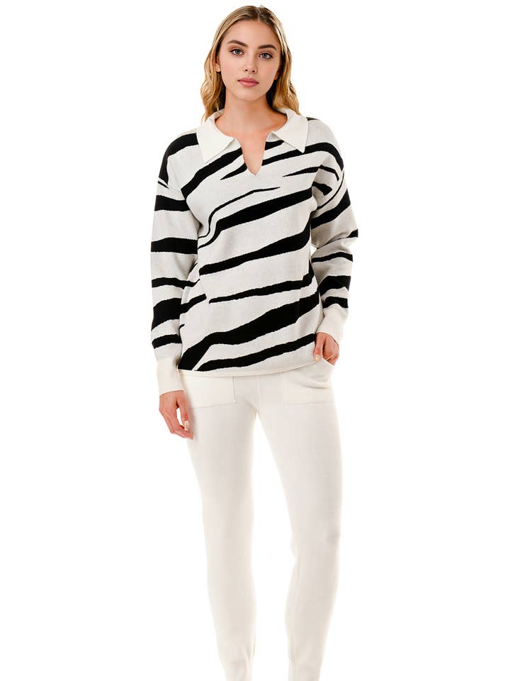 Color 5 - Wholesale Lounge Set - Women's - Black and white zebra wave pattern sweater and pants set 7