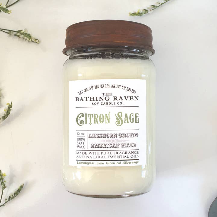 The Bathing Raven Candle Co. - Wholesale Jar/Filled Candle - Citron Sage | Farmhouse Mason Collection Soy Candle