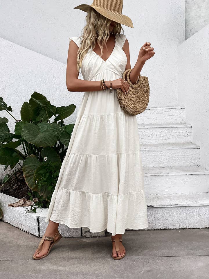 Flutter-Strap White Tiered Maxi Dress for wholesale on Faire2