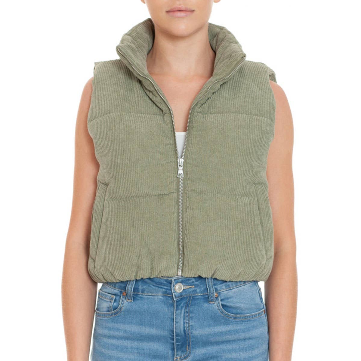 UP CLOTHING - Vente Veste sans manches – femme - GILET D'EXTÉRIEUR ZIPPÉ À COL HAUT EN VELOURS CÔTELÉ1
