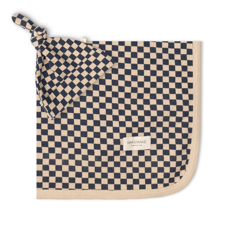 Organic Swaddle Blanket & Hat Set - Midnight Check for wholesale by Makemake Organics