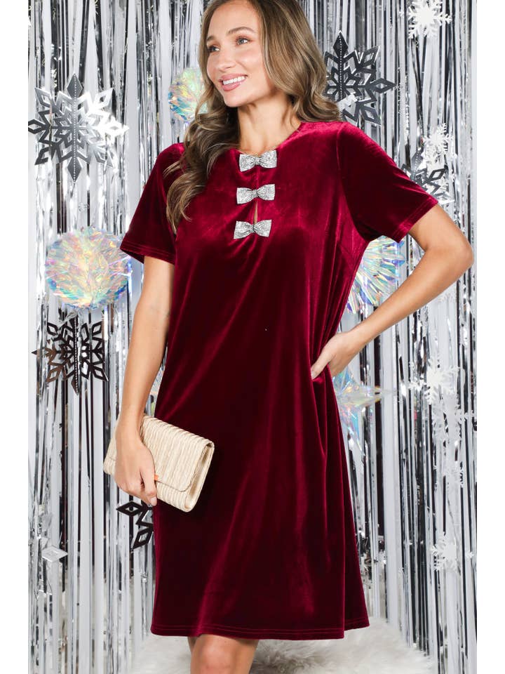 Vine & Love - Wholesale Dress - Women's - Sparkling Sequin Bow Embellished Velvet Dress VD8273711