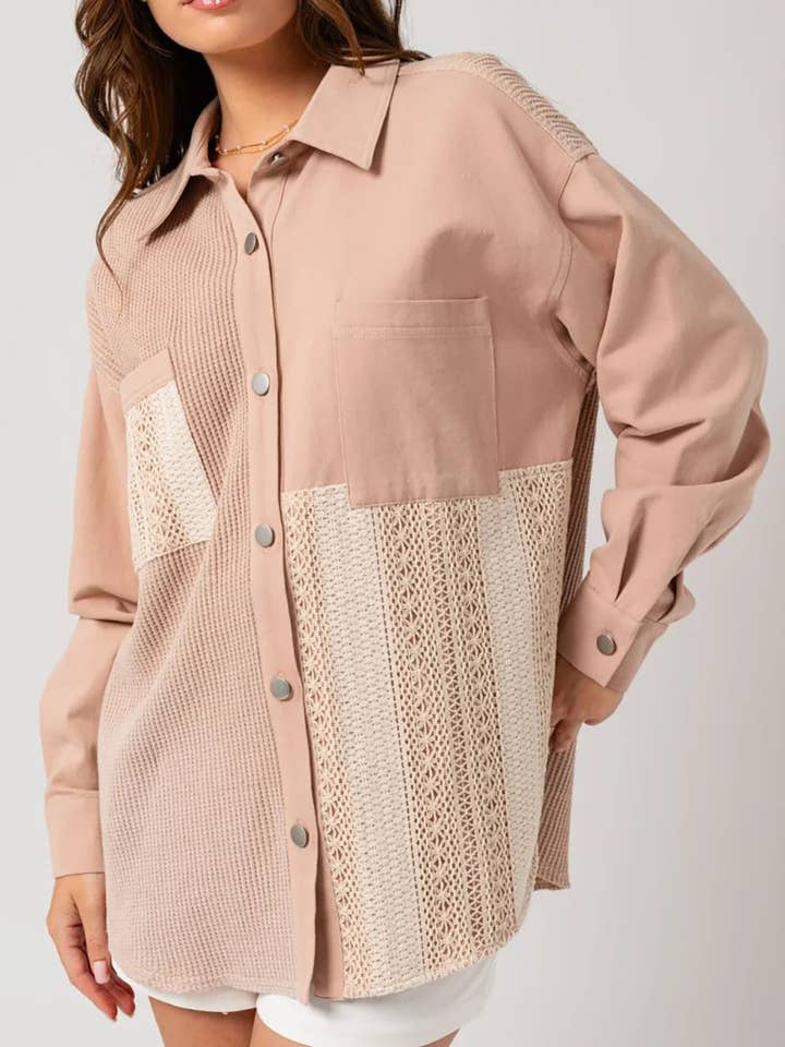 Dusty Blush Mixed Media Button Down Waffle Knit Shacket for wholesale on Faire2