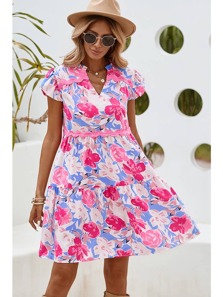 Little Daisy Closet - Wholesale Dress - Women's - LDC Floral V Notched Ric Rac Flutter Sleeve Dress