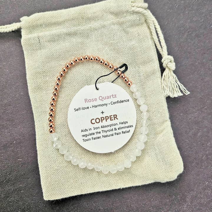 Dainty and natural Rose Quartz + Solid Copper Bracelet for wholesale by The Blue Yogi