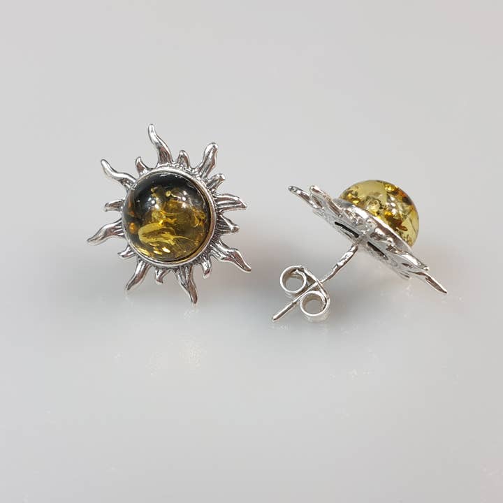 AmberLithuania - Wholesale Stud/post earrings - Sun stud earring Silver studs Gemstone Posts Flaming sun sil2