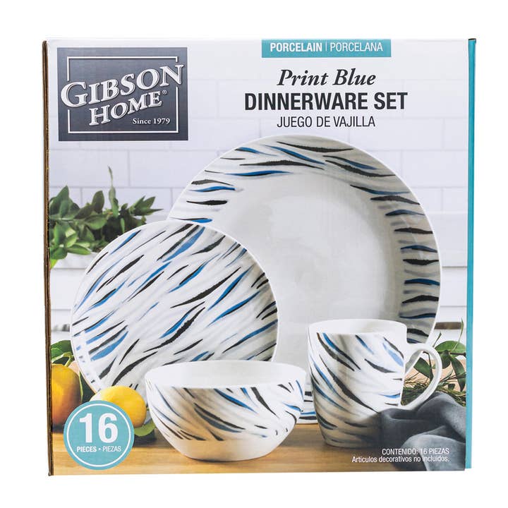 Home Print Blue Dinnerware Set 16 Piece Porcelain for wholesale by Deluxe Import Trading