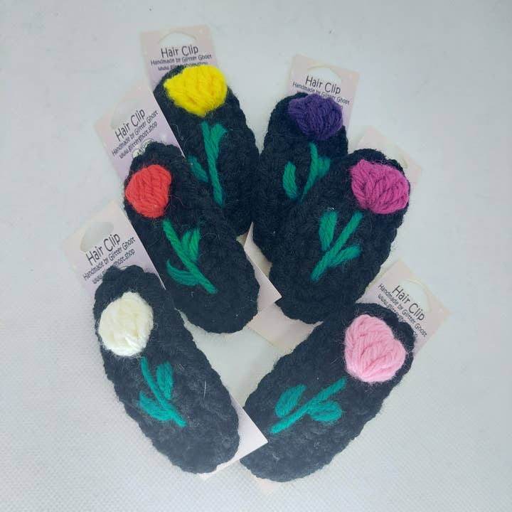 Crochet Flower Hair Clip - Tulip Black Background for wholesale by Glitter Ghost Clothing and Accessories