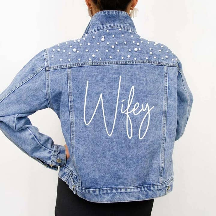 GiftsbyPR - Wholesale Denim Jacket - Women's - Wifey Bride Denim Jacket, Bride Denim Jacket, Jean Jacket