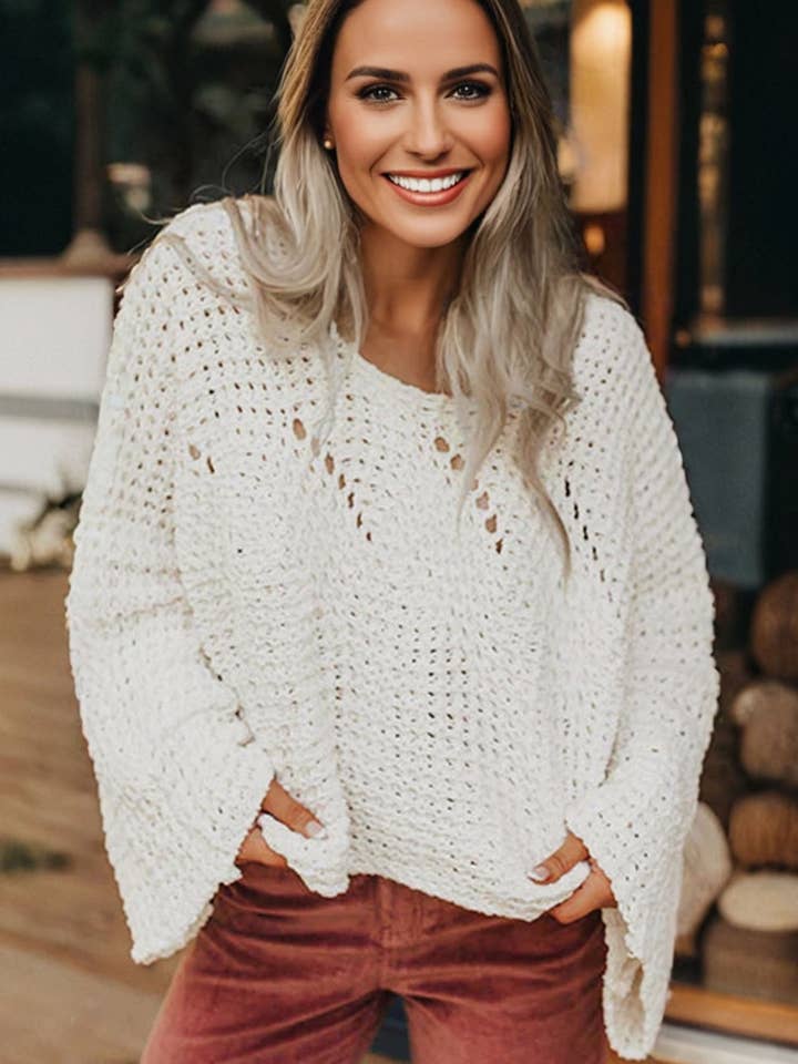 FB Hollowed Knit Wide Sleeve Pullover Sweater for wholesale by FASHION BLVD