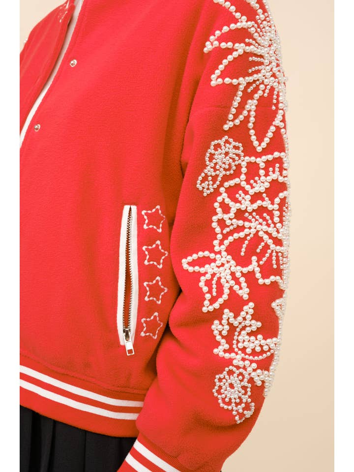 CHEERY RED 22881J - Pearl Embellished Bomber Jacket for wholesale on Faire