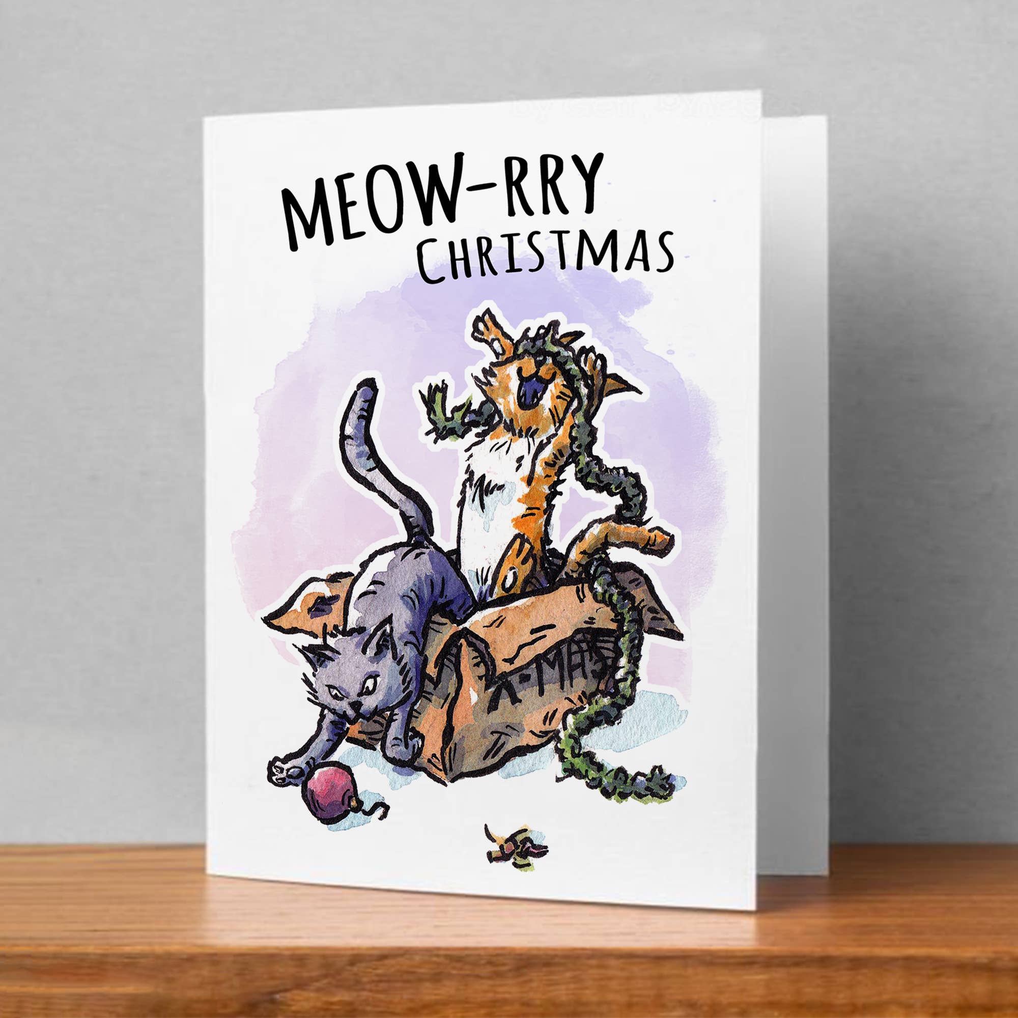 Aaron Millard Illustration - Vendita all'ingrosso Biglietti di auguri di Natale - «Meow-rry Christmas», simpatico biglietto di auguri per amanti dei gatti1