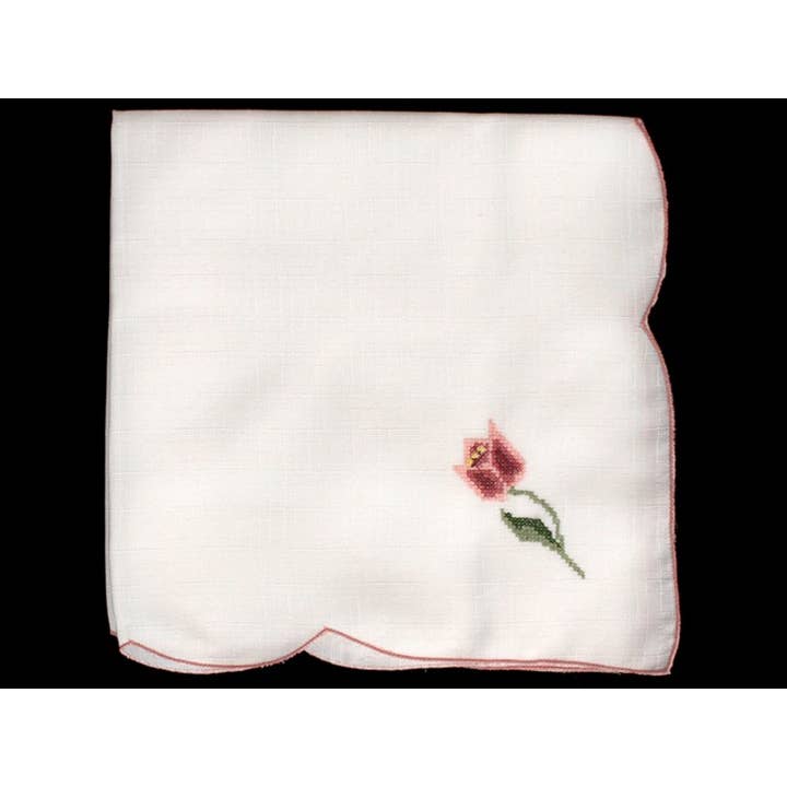 Crossstitch Pink Flower Napkin - 43 x 43cm for wholesale by Victoria Linen Australia